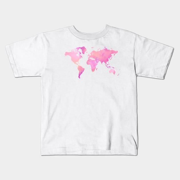 Pink Watercolor World Map Kids T-Shirt by PanyaCreative